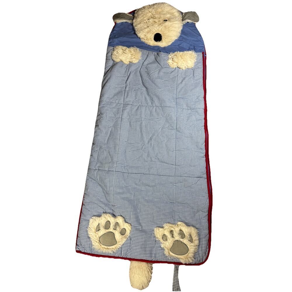 Pottery Barn Kids Sleeping Bag Shaggy Head Fluffy Dog Blue Gingham Zippered